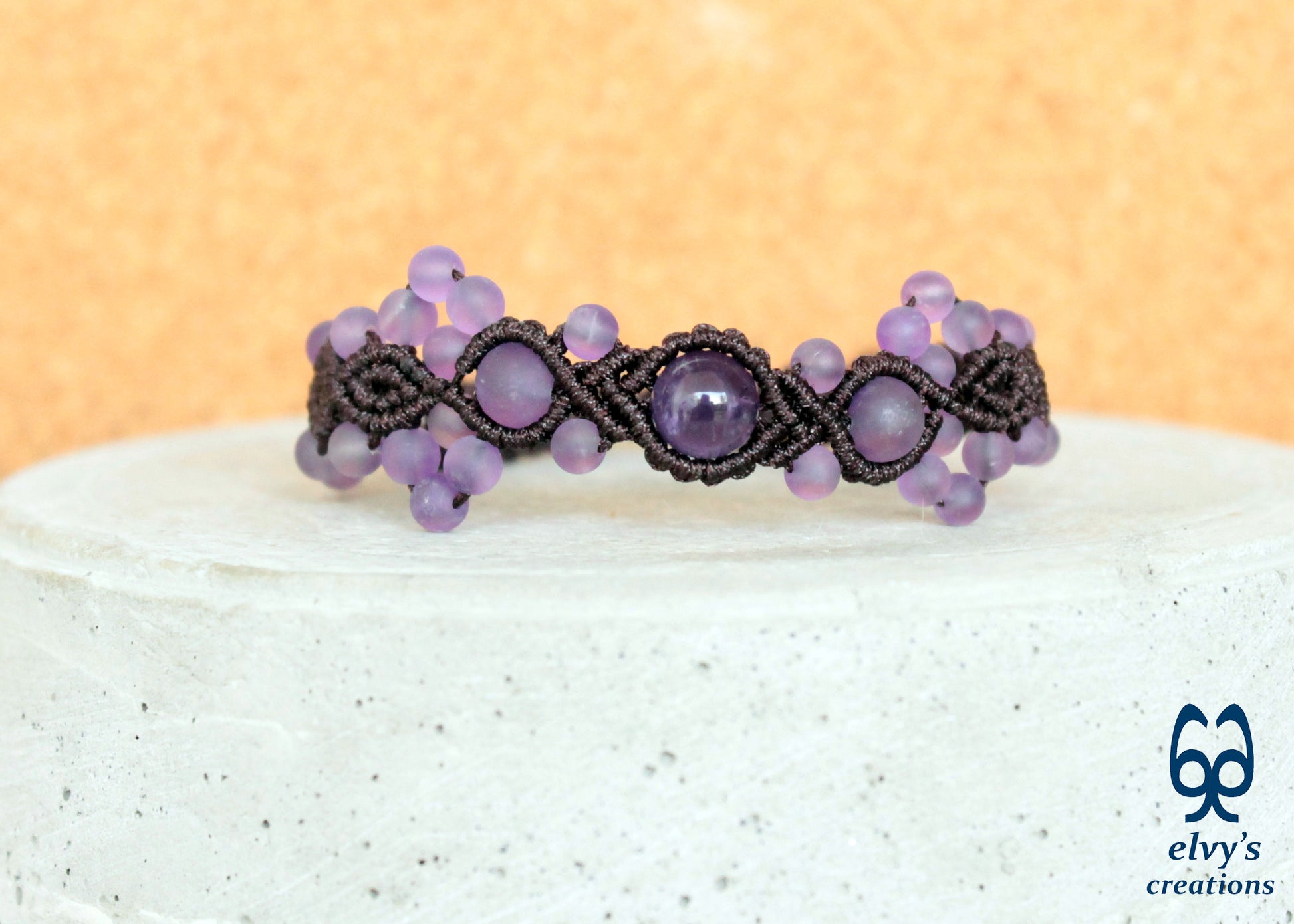 Amethyst Macrame Bracelet, Gemstone Beaded Cuff, Unique Birthday Gift for Women