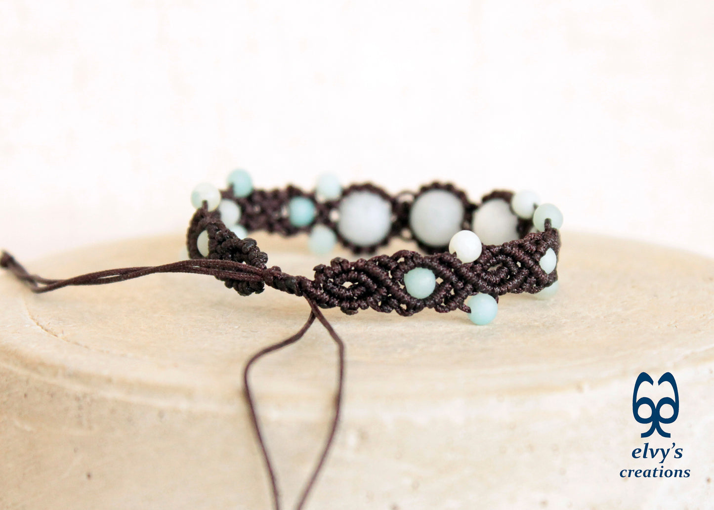 Blue Macrame Bracelet with Amazonite Gemstone Adjustable Unique Birthday Gift for Women