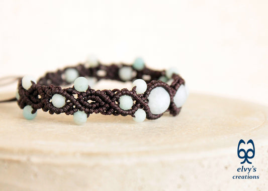 Blue Macrame Bracelet with Amazonite Gemstone Adjustable Unique Birthday Gift for Women