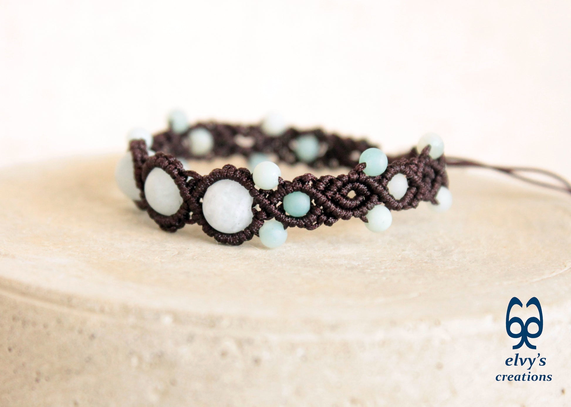 Blue Macrame Bracelet with Amazonite Gemstone Adjustable Unique Birthday Gift for Women