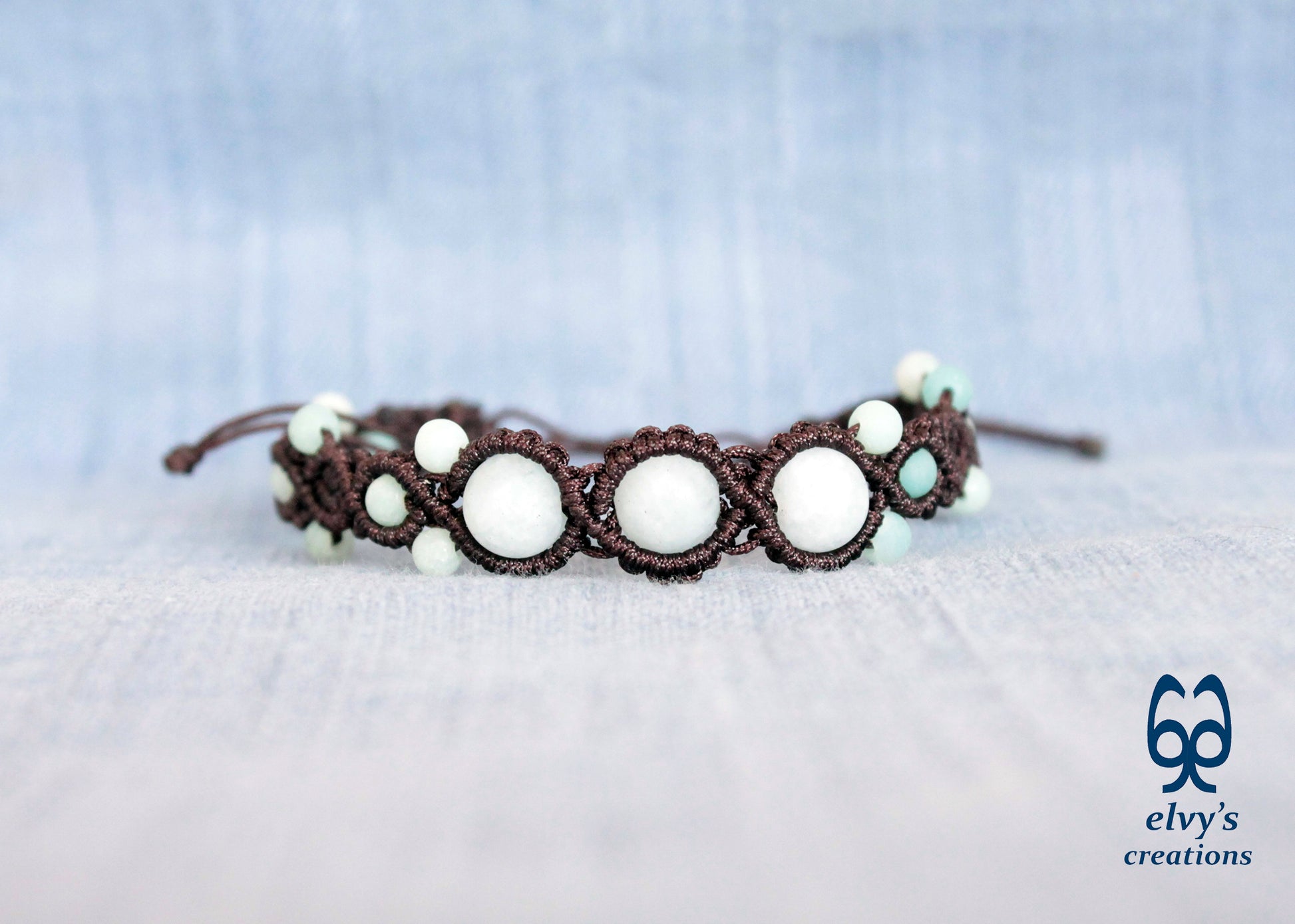 Blue Macrame Bracelet with Amazonite Gemstone Adjustable Unique Birthday Gift for Women