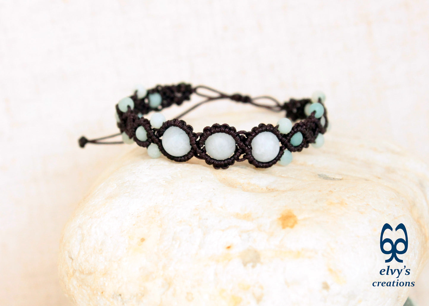 Blue Macrame Bracelet with Amazonite Gemstone Adjustable Unique Birthday Gift for Women