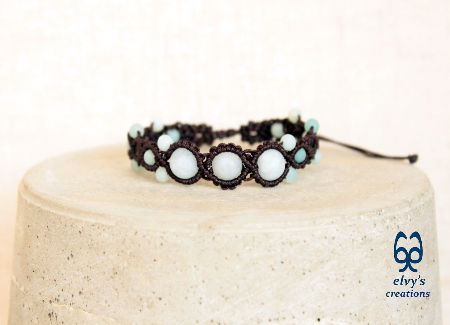 Blue Macrame Bracelet with Amazonite Gemstone Adjustable Unique Birthday Gift for Women