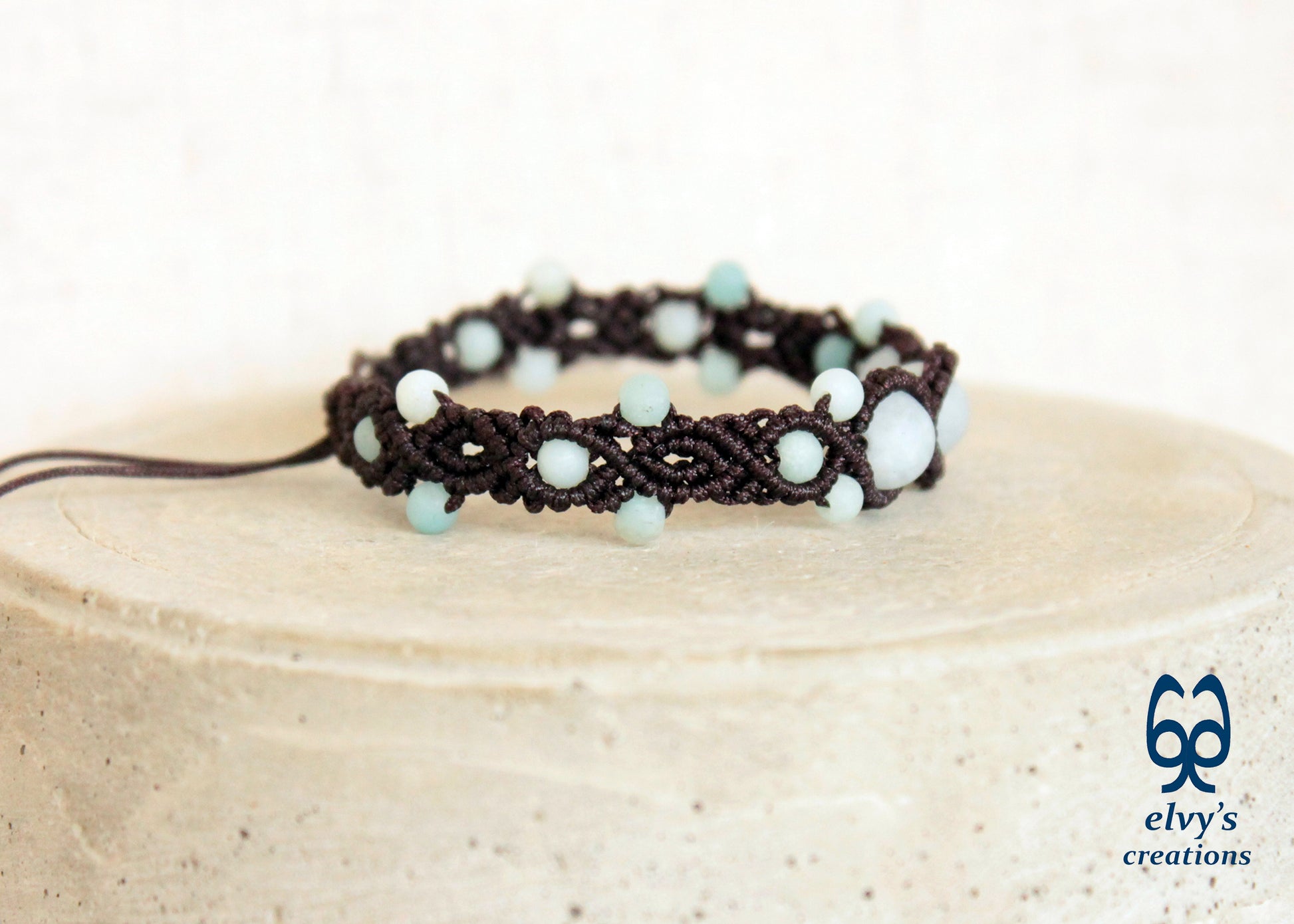 Blue Macrame Bracelet with Amazonite Gemstone Adjustable Unique Birthday Gift for Women