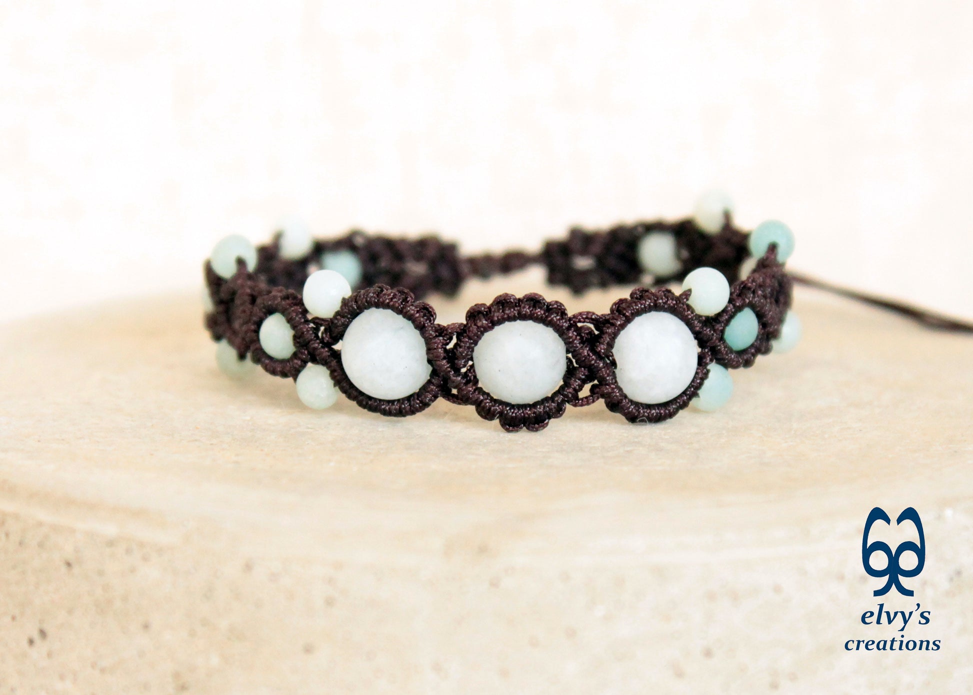 Blue Macrame Bracelet with Amazonite Gemstone Adjustable Unique Birthday Gift for Women