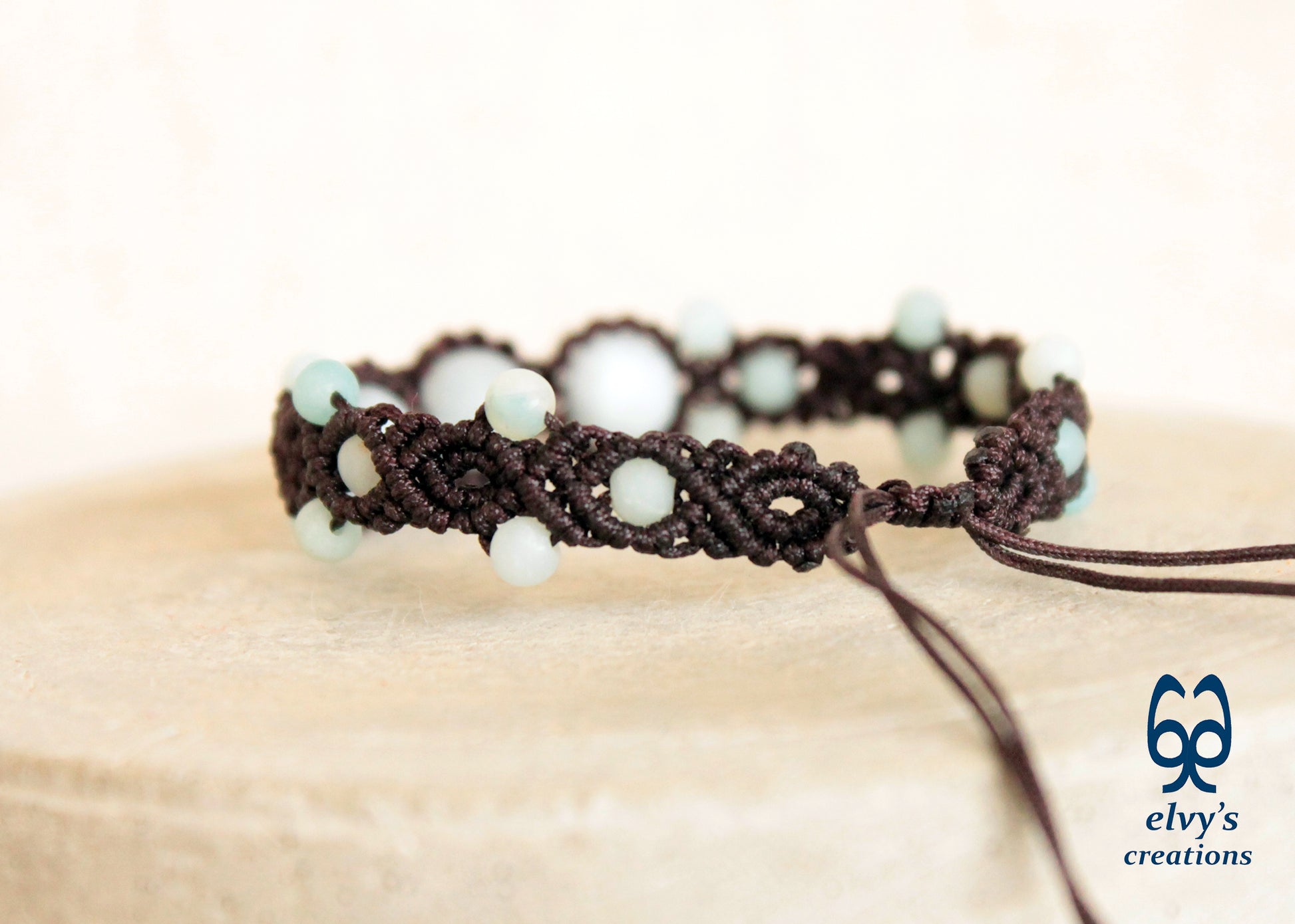 Blue Macrame Bracelet with Amazonite Gemstone Adjustable Unique Birthday Gift for Women