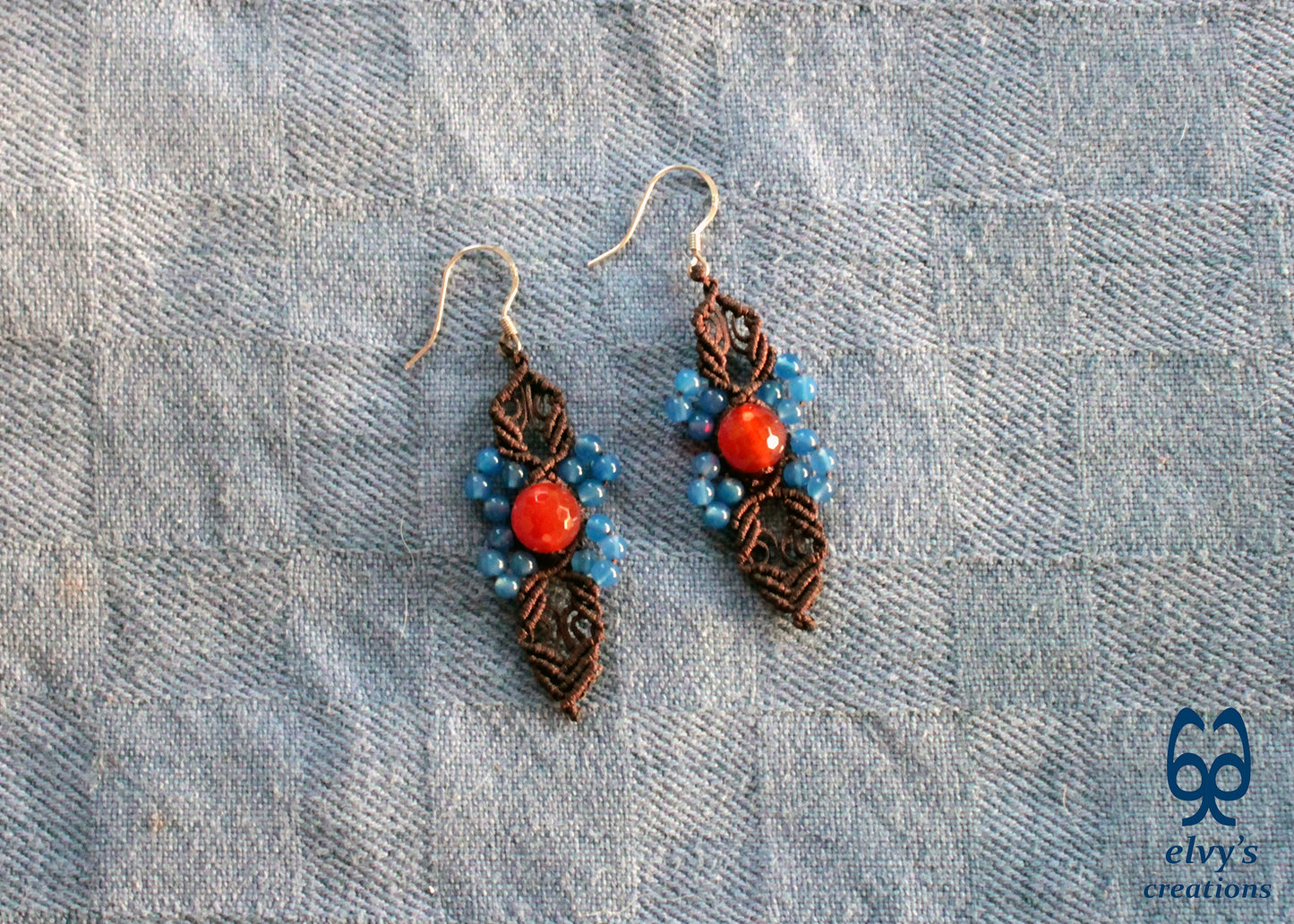 Handmade Macrame Silver Earrings, Beaded Gemstone Handmade Jewelry,Gift for Women
