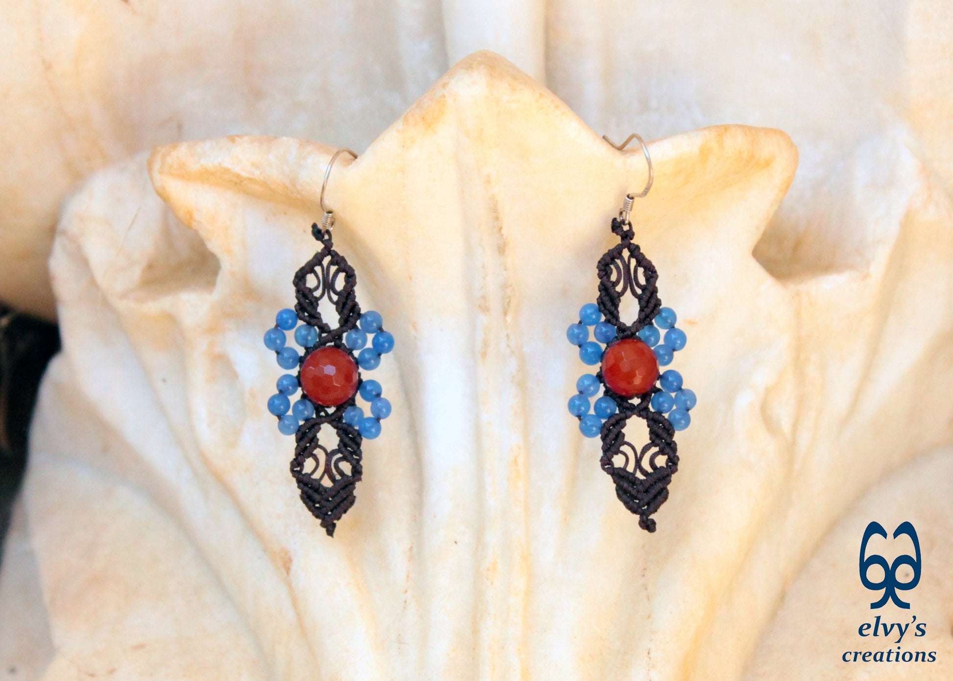 Handmade Macrame Silver Earrings, Beaded Gemstone Handmade Jewelry,Gift for Women