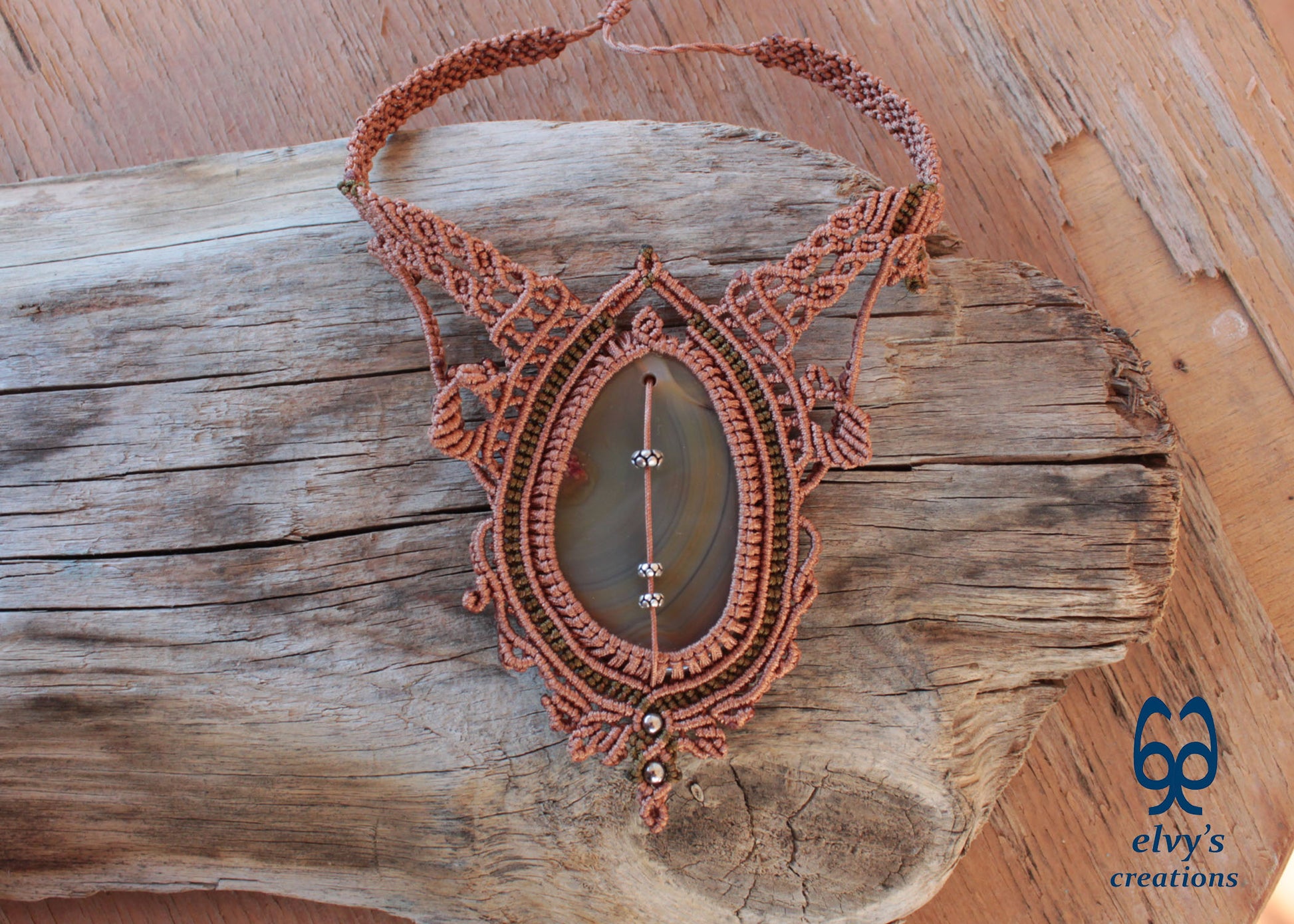 Brown Macramé Choker Necklace with Carnelian Gemstone Adjustable Macramé Necklace