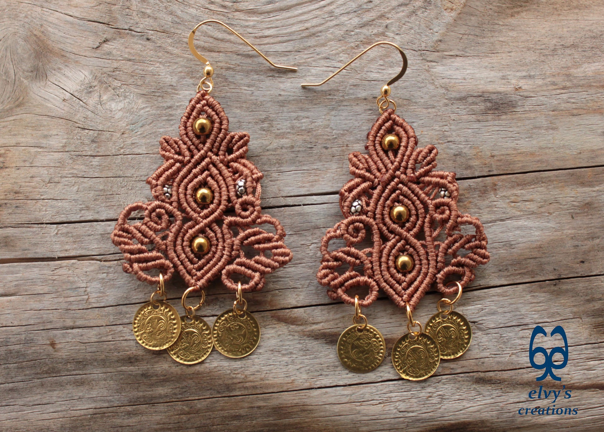 Brown Macrame Silver Earrings Dangle with Hematite Healing Gemstones Gold Coins 