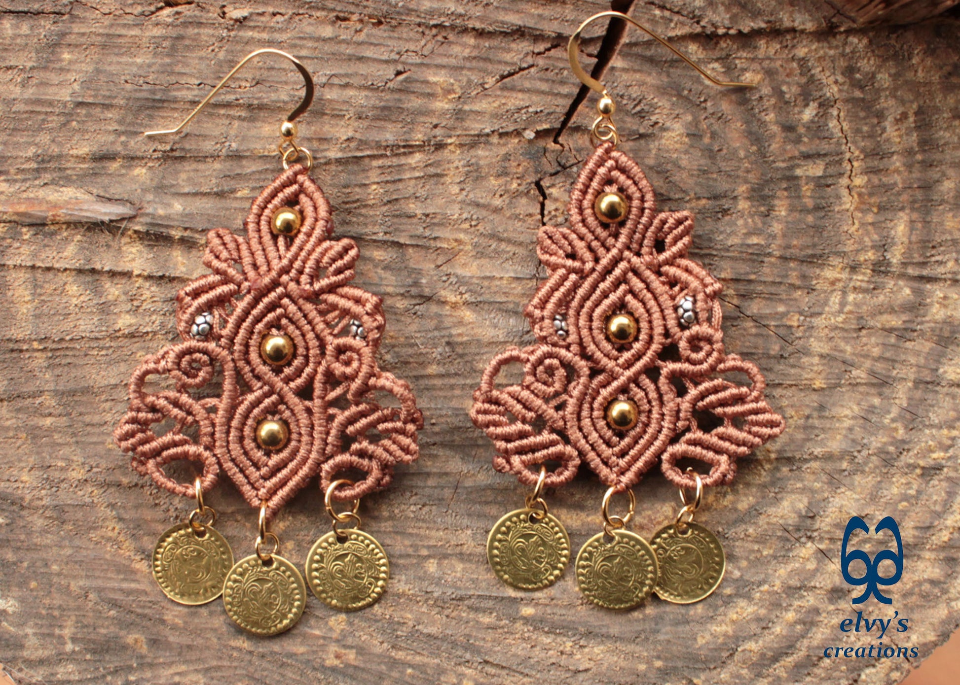 Brown Macrame Silver Earrings Dangle with Hematite Healing Gemstones Gold Coins 