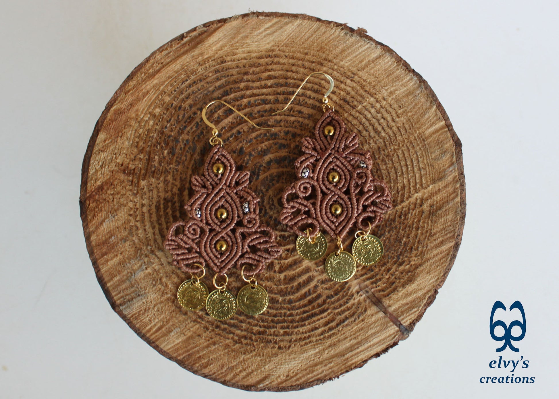 Brown Macrame Silver Earrings Dangle with Hematite Healing Gemstones Gold Coins 