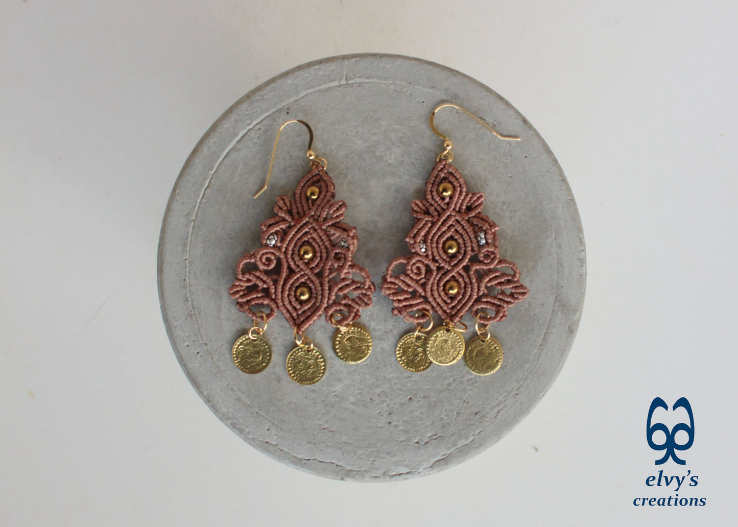 Brown Macrame Silver Earrings Dangle with Hematite Healing Gemstones Gold Coins 