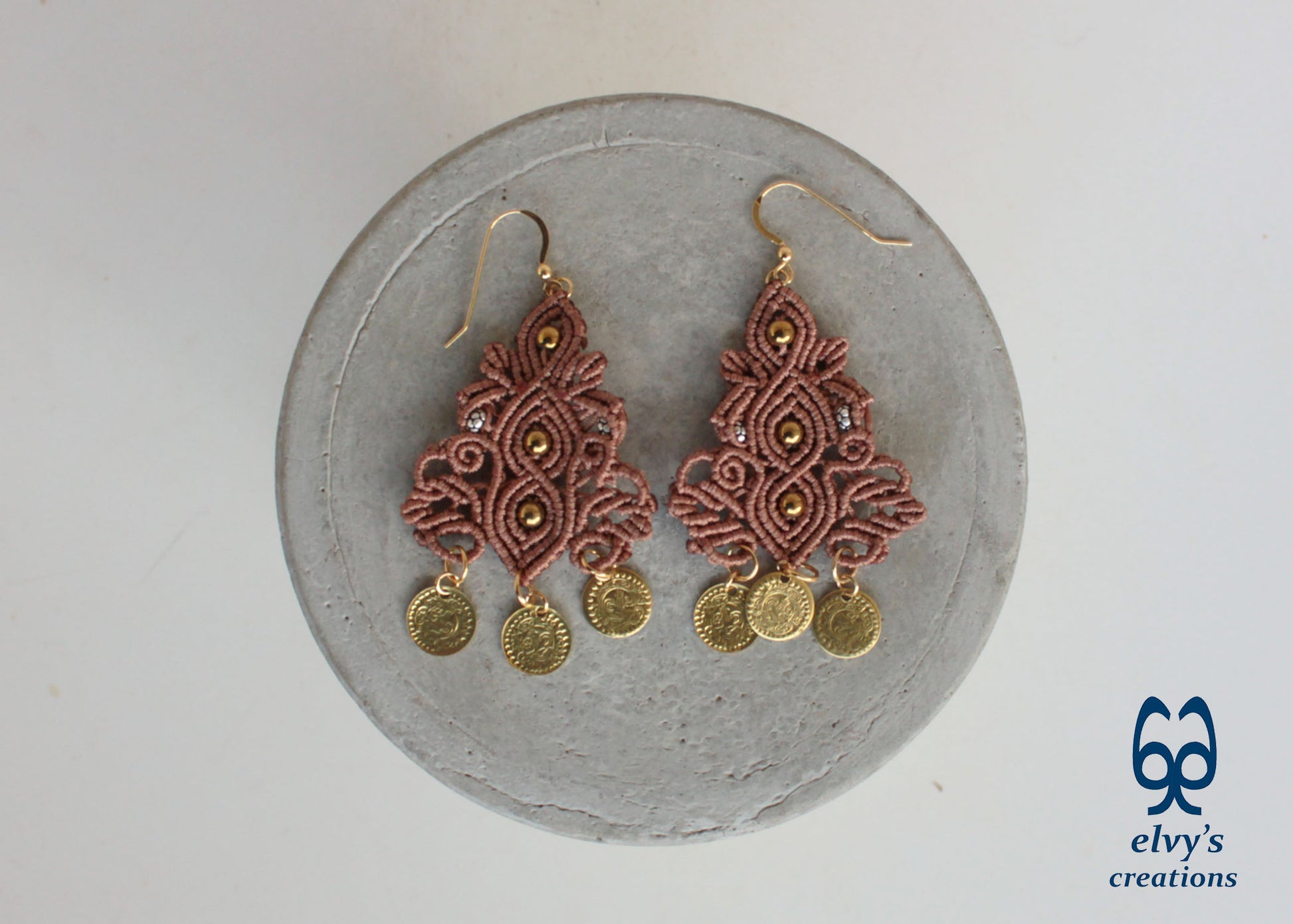 Brown Macrame Silver Earrings Dangle with Hematite Healing Gemstones Gold Coins 