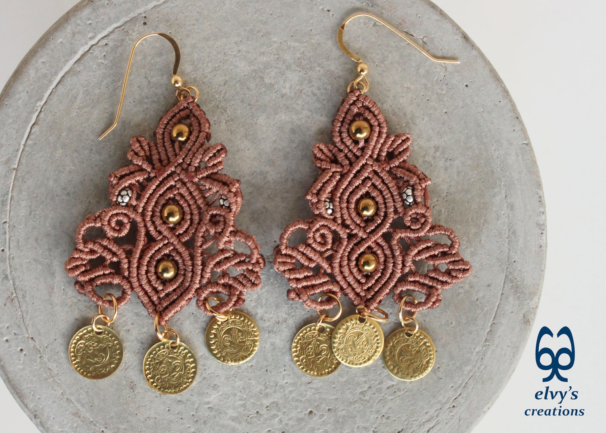 Brown Macrame Silver Earrings Dangle with Hematite Healing Gemstones Gold Coins 