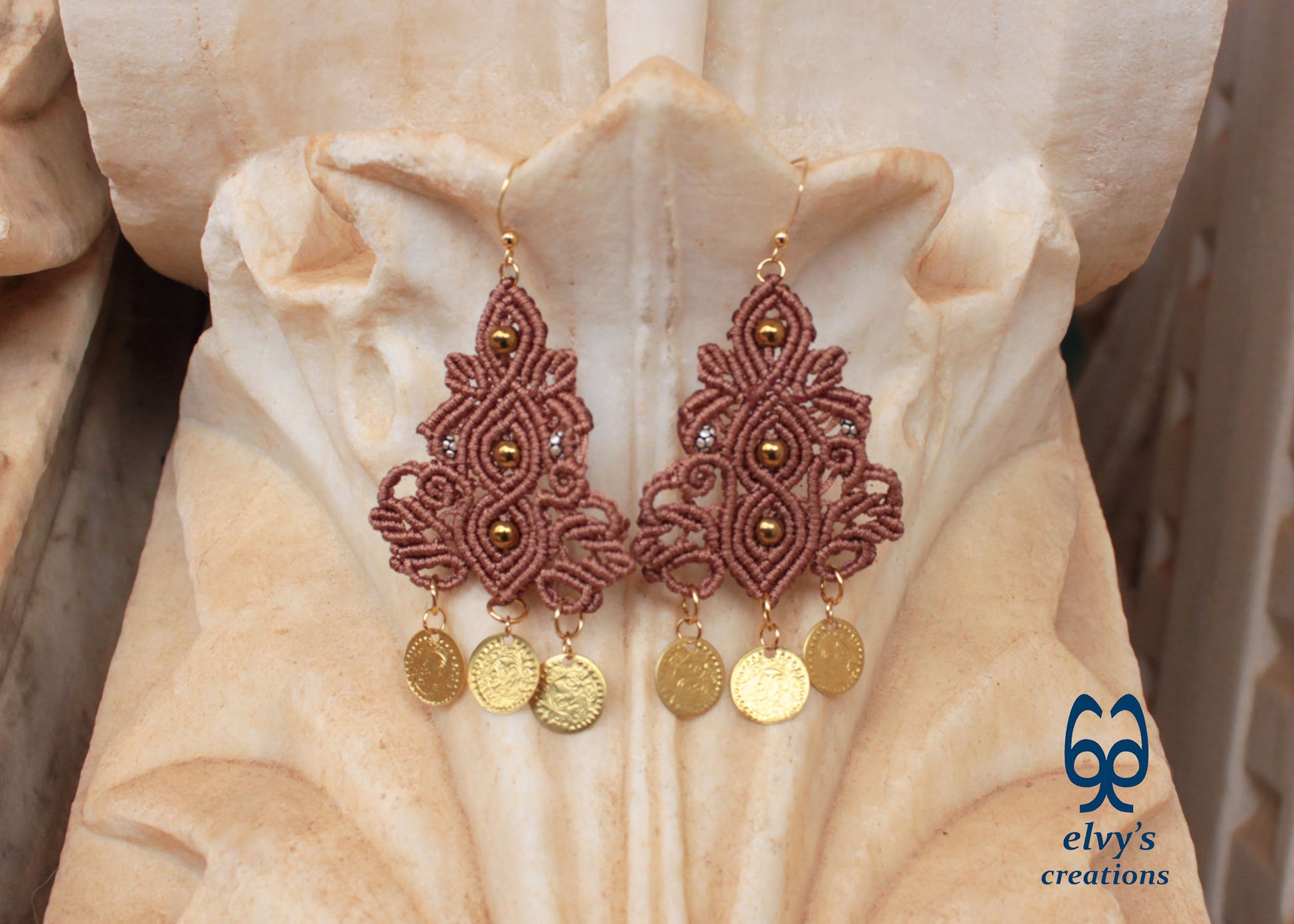 Brown Macrame Silver Earrings Dangle with Hematite Healing Gemstones Gold Coins 