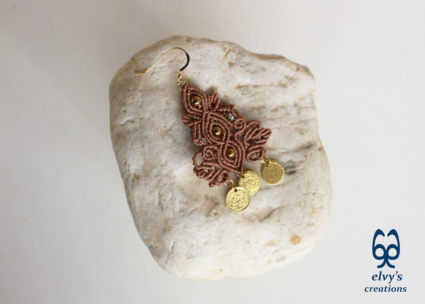 Brown Macrame Silver Earrings Dangle with Hematite Healing Gemstones Gold Coins 