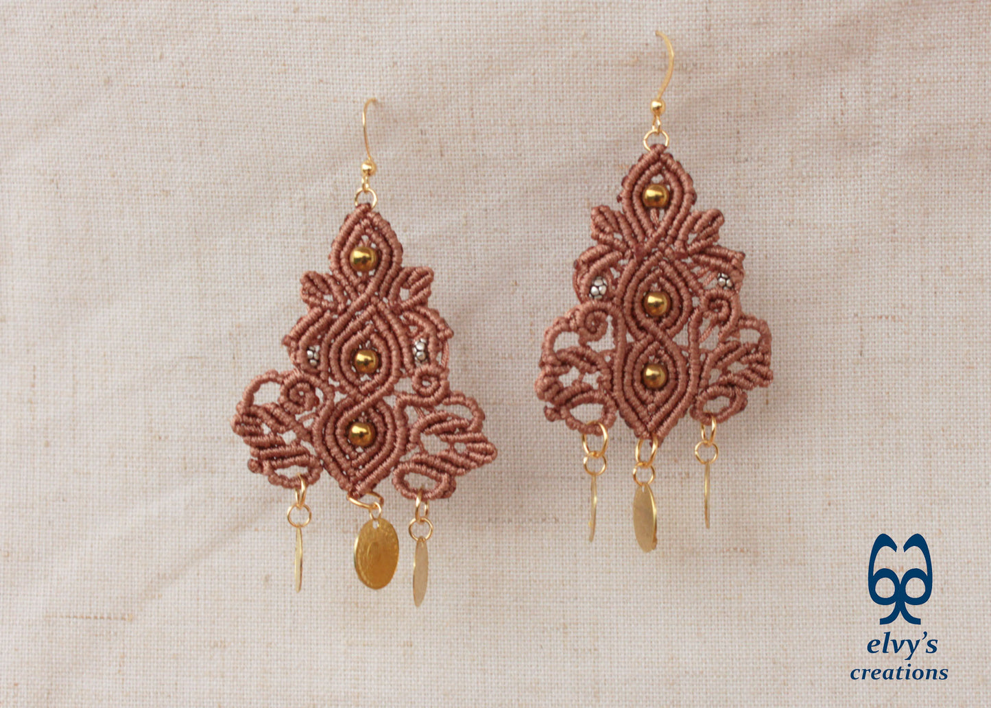 Brown Macrame Silver Earrings Dangle with Hematite Healing Gemstones Gold Coins 