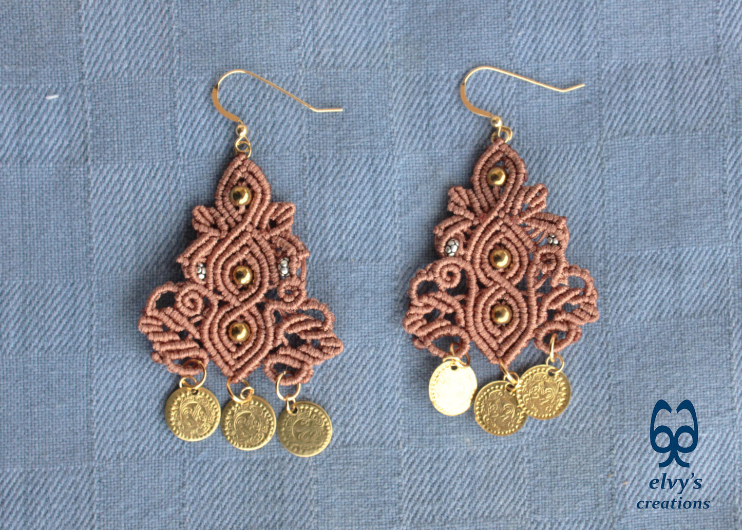 Brown Macrame Silver Earrings Dangle with Hematite Healing Gemstones Gold Coins 