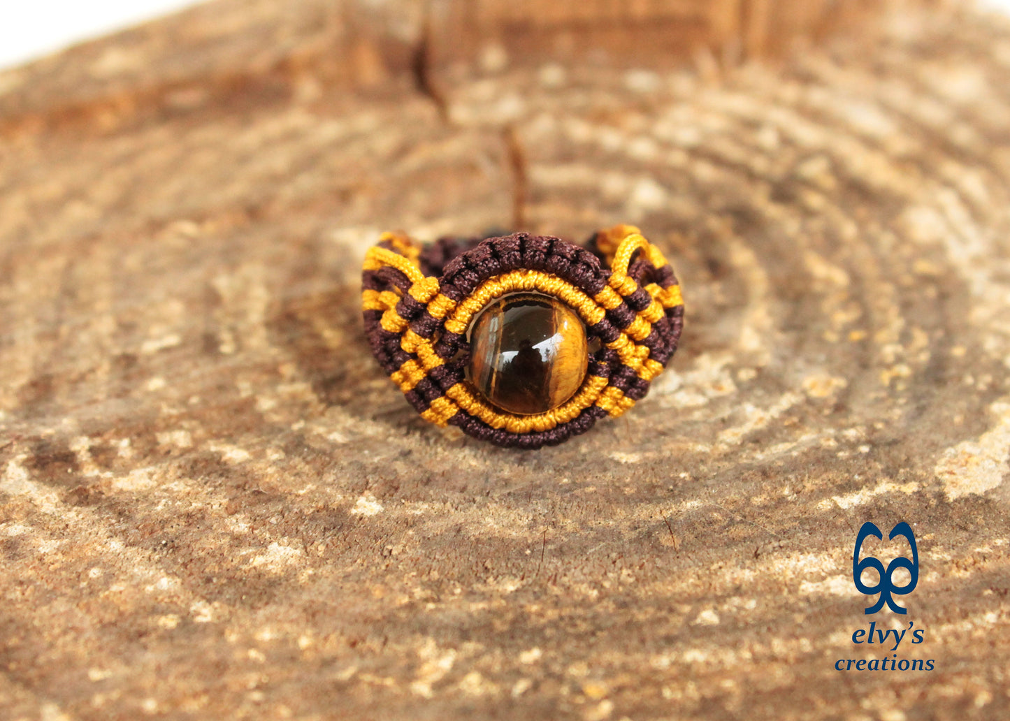 Brown Macrame Ring Tiger Eye Gemstone