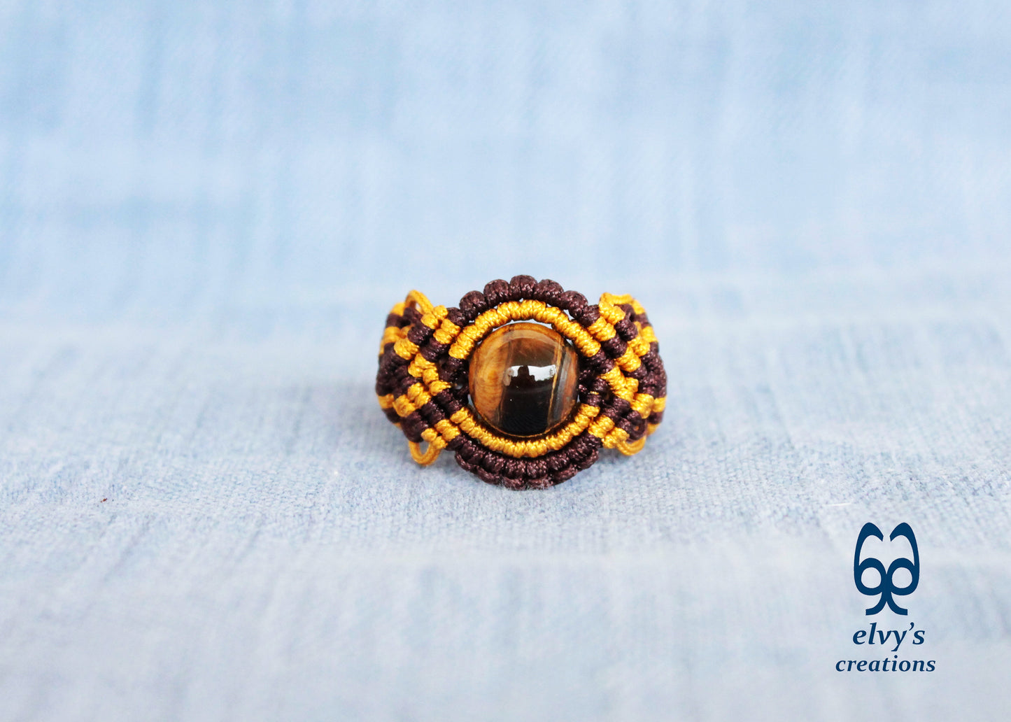 Brown Macrame Ring Tiger Eye Gemstone