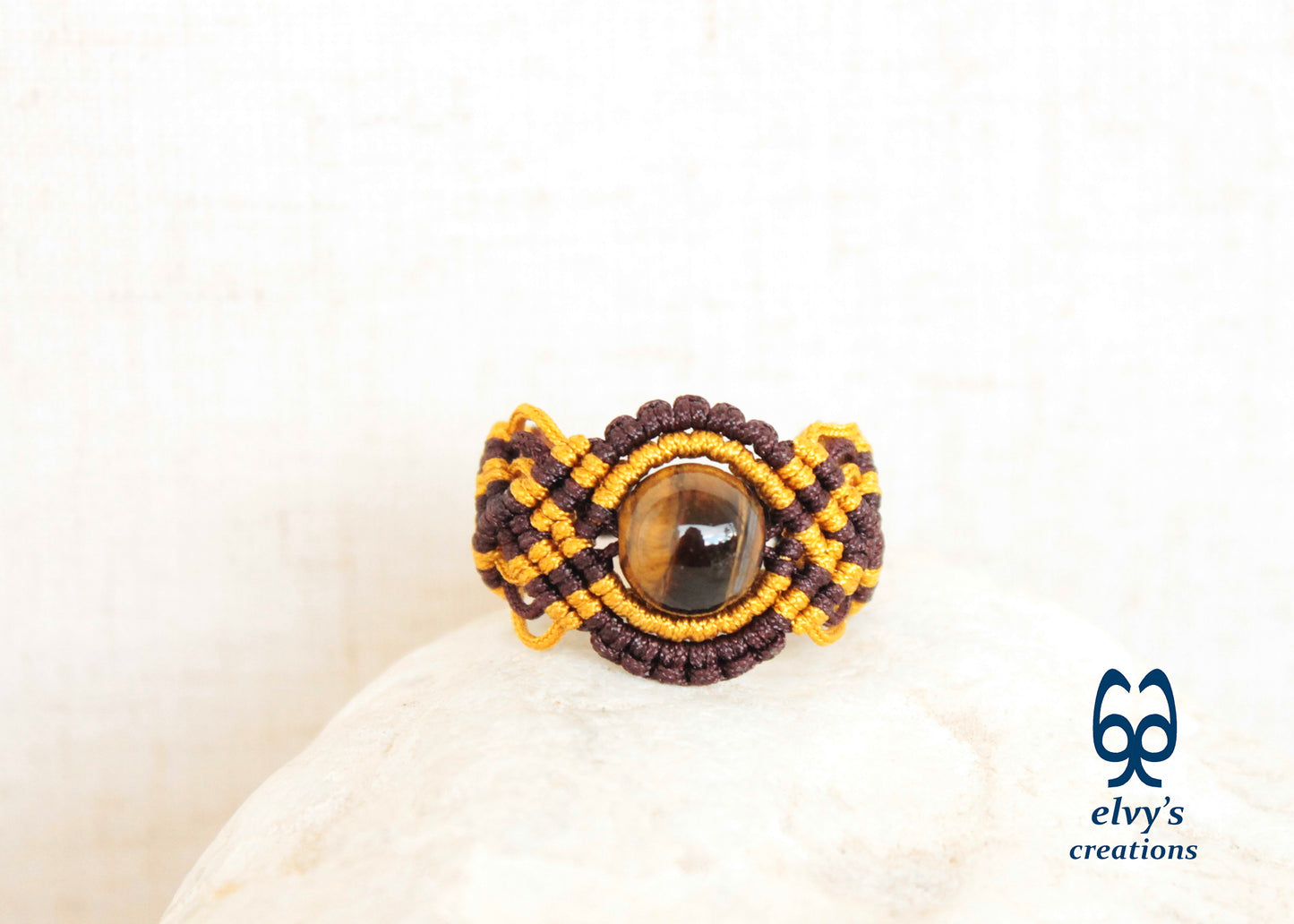 Brown Macrame Ring Tiger Eye Gemstone