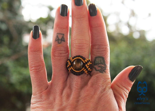 Brown Macrame Ring Tiger Eye Gemstone