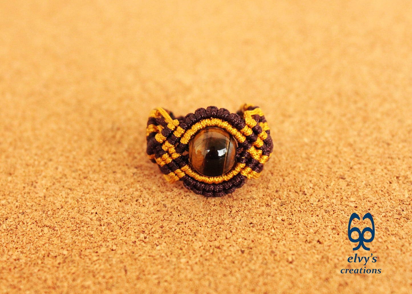 Brown Macrame Ring Tiger Eye Gemstone