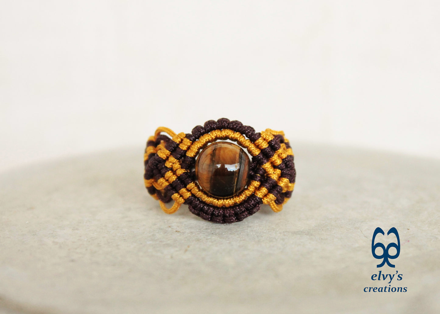 Brown Macrame Ring Tiger Eye Gemstone