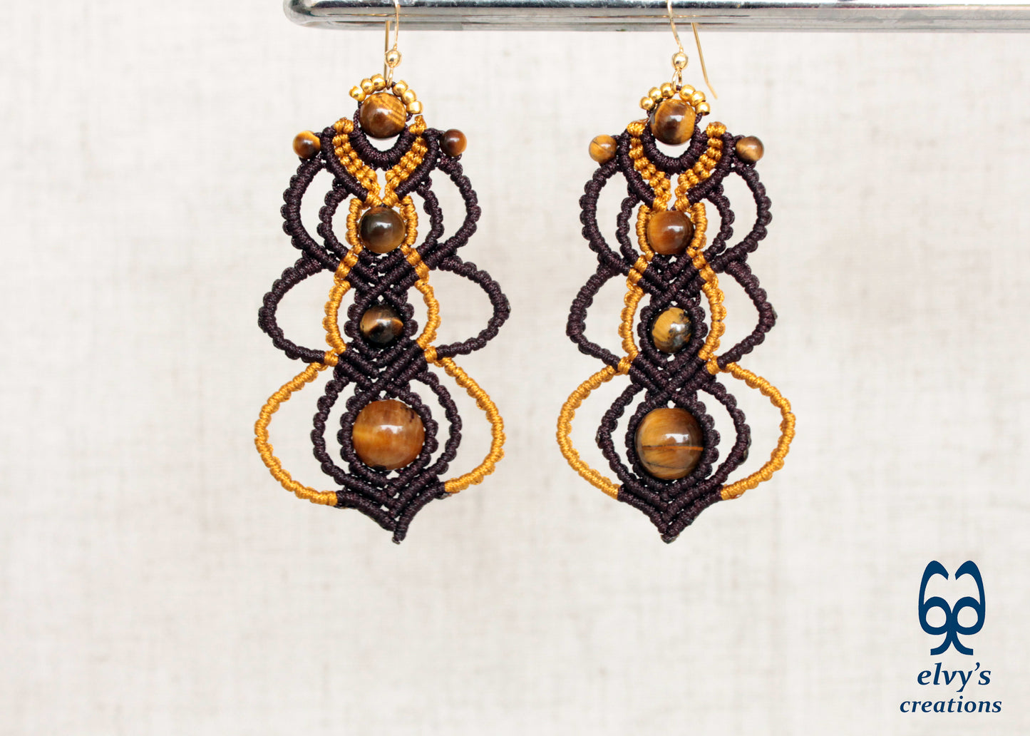 Brown and Gold Macrame Earrings with Tiger Eye Gemstones, Gemstone Handmade Earrings for Women, Unique Birthday Gift