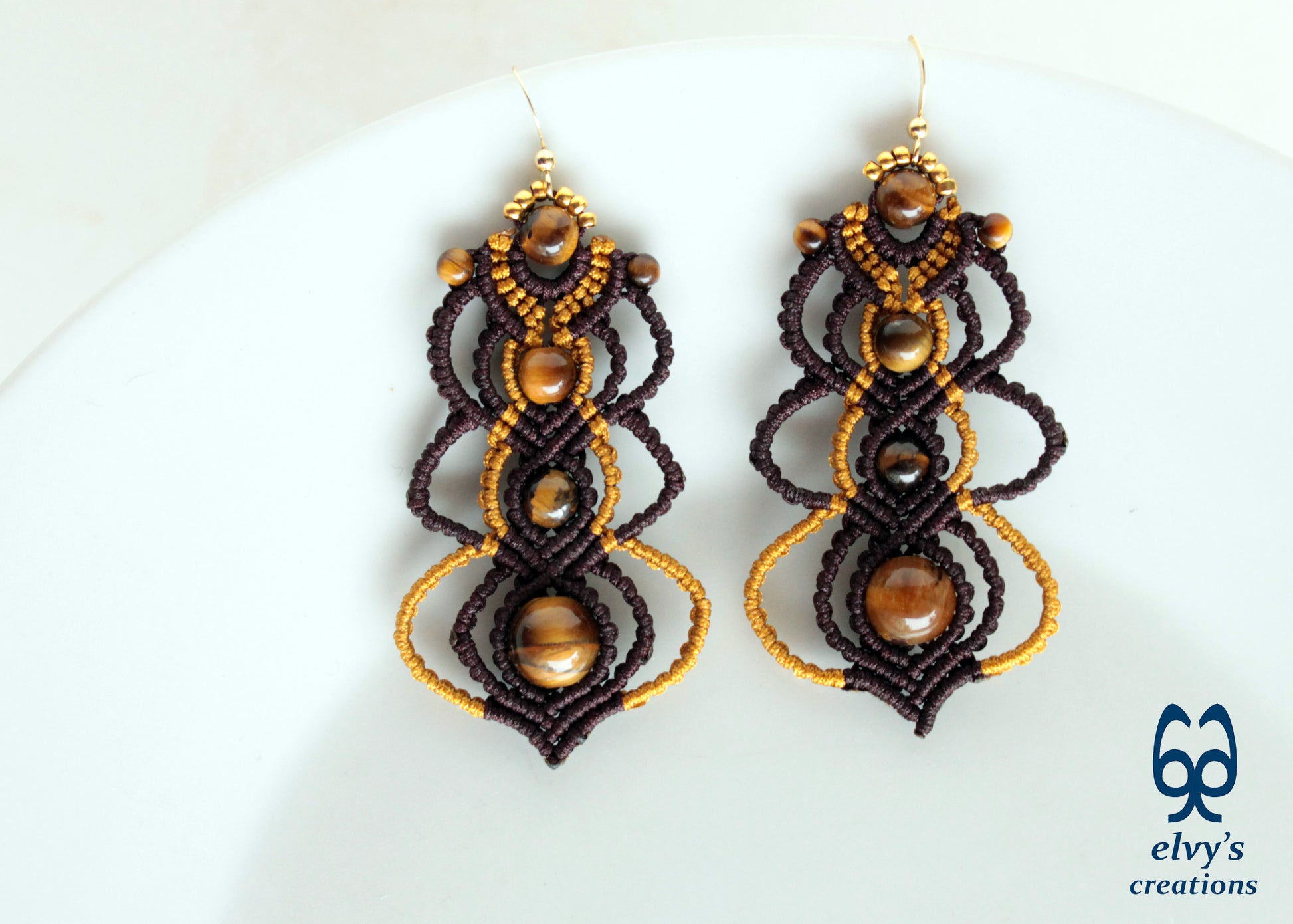 Brown and Gold Macrame Earrings with Tiger Eye Gemstones, Gemstone Handmade Earrings for Women, Unique Birthday Gift