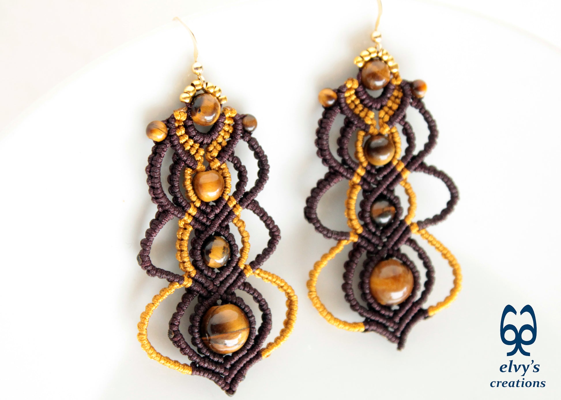 Brown and Gold Macrame Earrings with Tiger Eye Gemstones, Gemstone Handmade Earrings for Women, Unique Birthday Gift