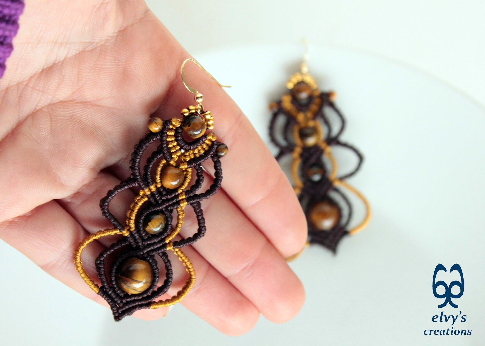 Brown and Gold Macrame Earrings with Tiger Eye Gemstones, Gemstone Handmade Earrings for Women, Unique Birthday Gift