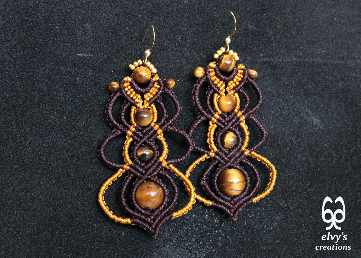 Brown and Gold Macrame Earrings with Tiger Eye Gemstones, Gemstone Handmade Earrings for Women, Unique Birthday Gift