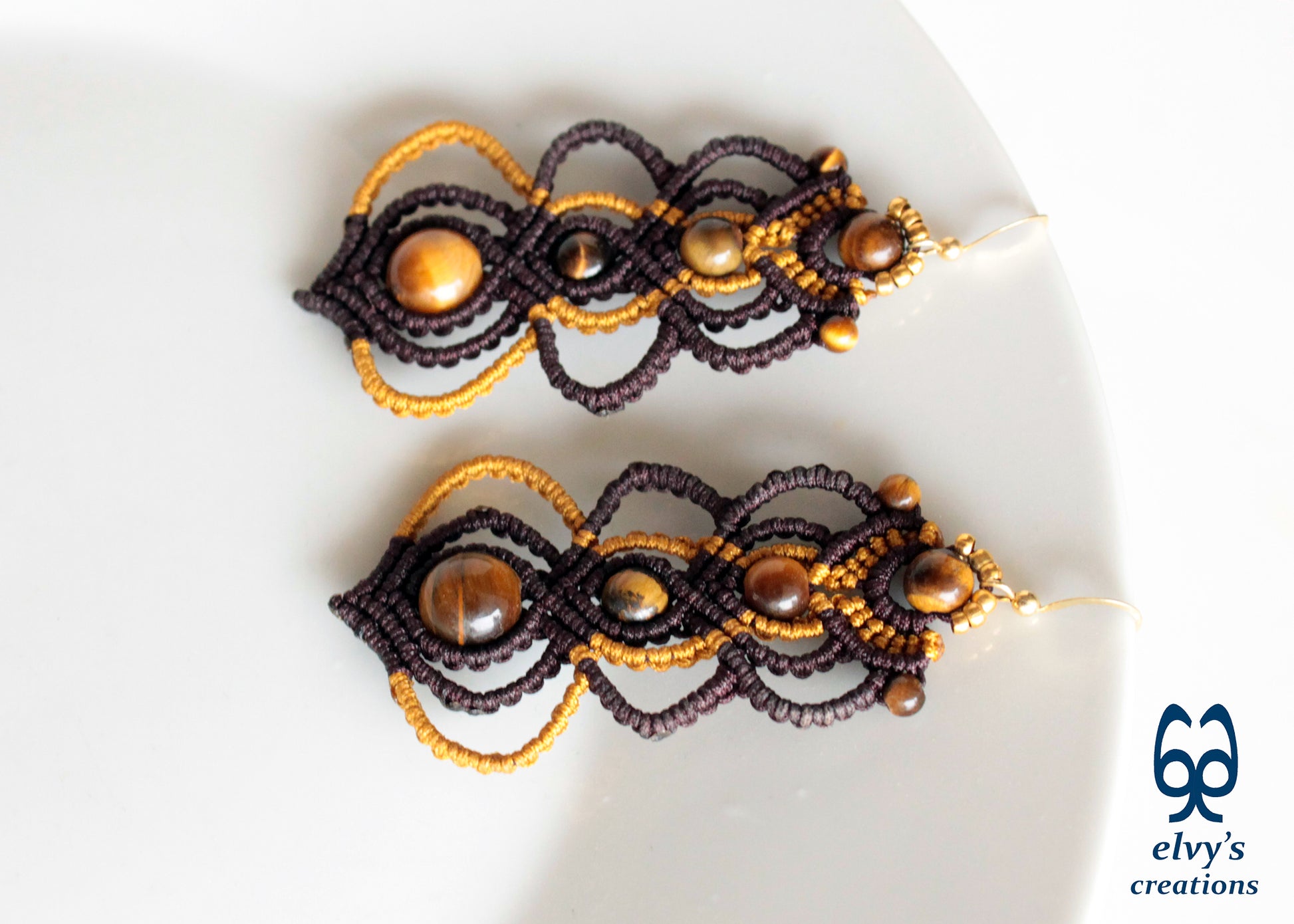 Brown and Gold Macrame Earrings with Tiger Eye Gemstones, Gemstone Handmade Earrings for Women, Unique Birthday Gift