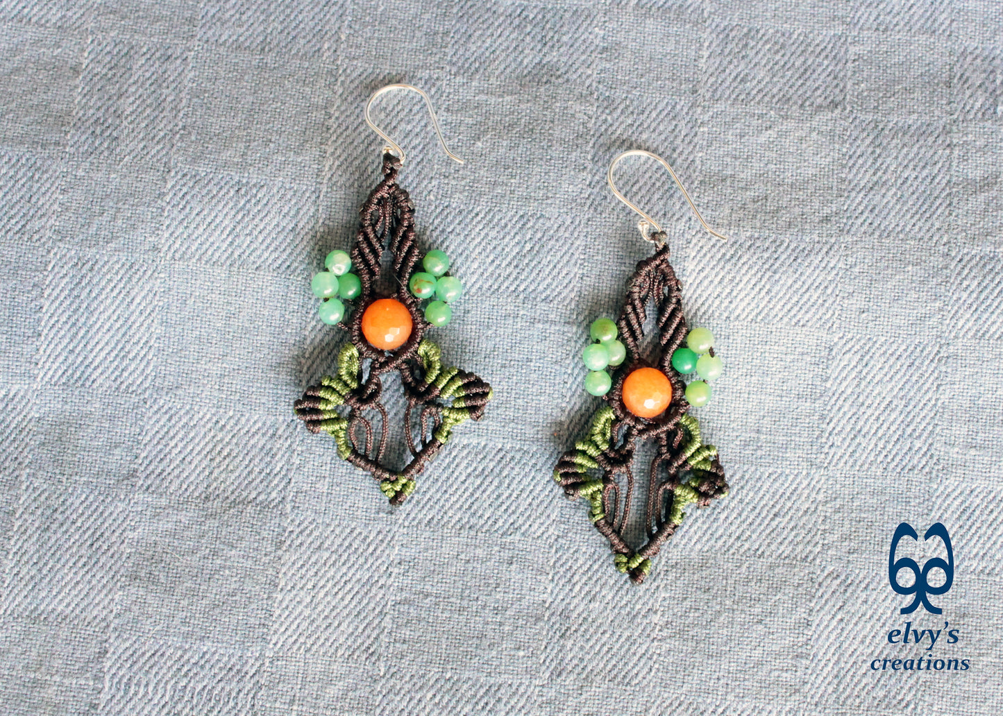 Brown Carnelian Macrame Beaded Earrings Green Gemstone Dangle Earrings Birthday Gift for Women