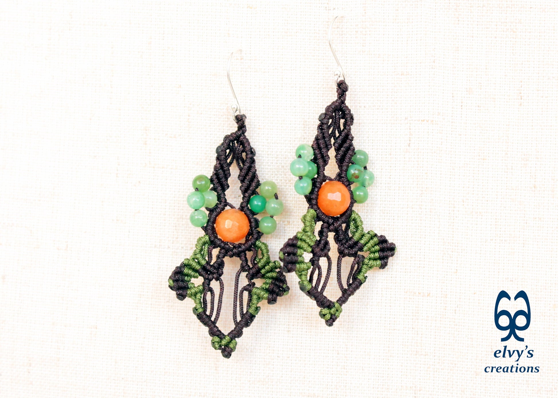 Brown Carnelian Macrame Beaded Earrings Green Gemstone Dangle Earrings Birthday Gift for Women