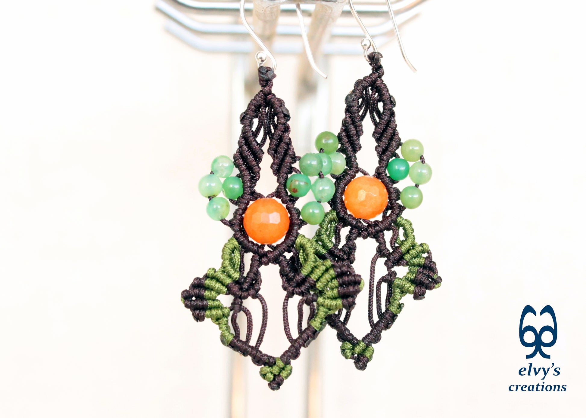 Brown Carnelian Macrame Beaded Earrings Green Gemstone Dangle Earrings Birthday Gift for Women