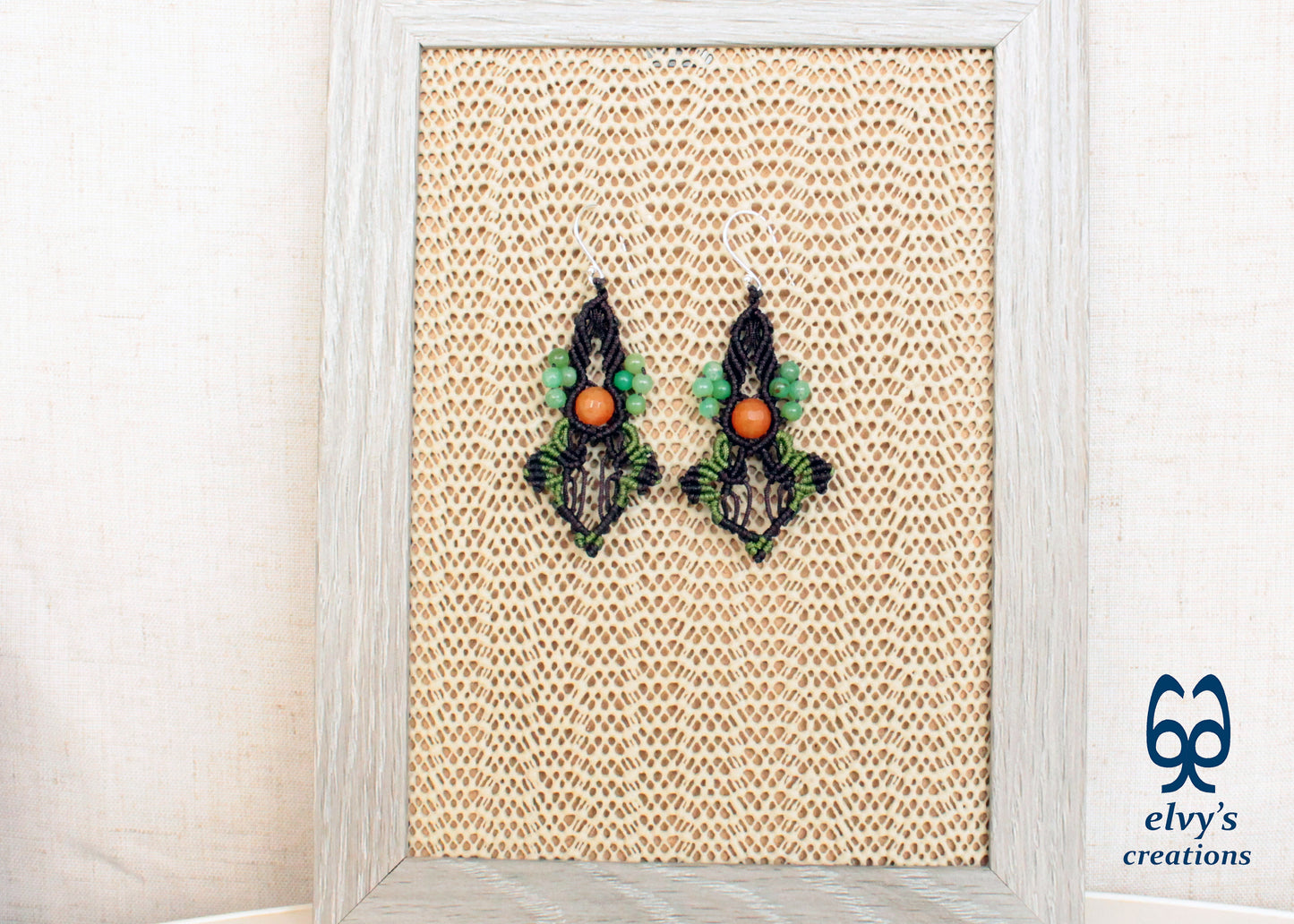 Brown Carnelian Macrame Beaded Earrings Green Gemstone Dangle Earrings Birthday Gift for Women