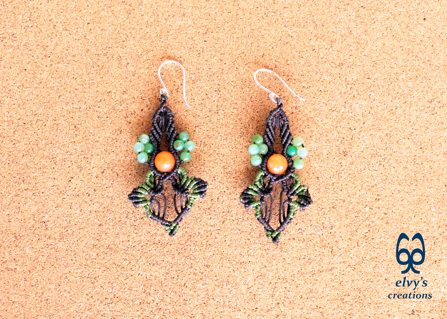 Brown Carnelian Macrame Beaded Earrings Green Gemstone Dangle Earrings Birthday Gift for Women