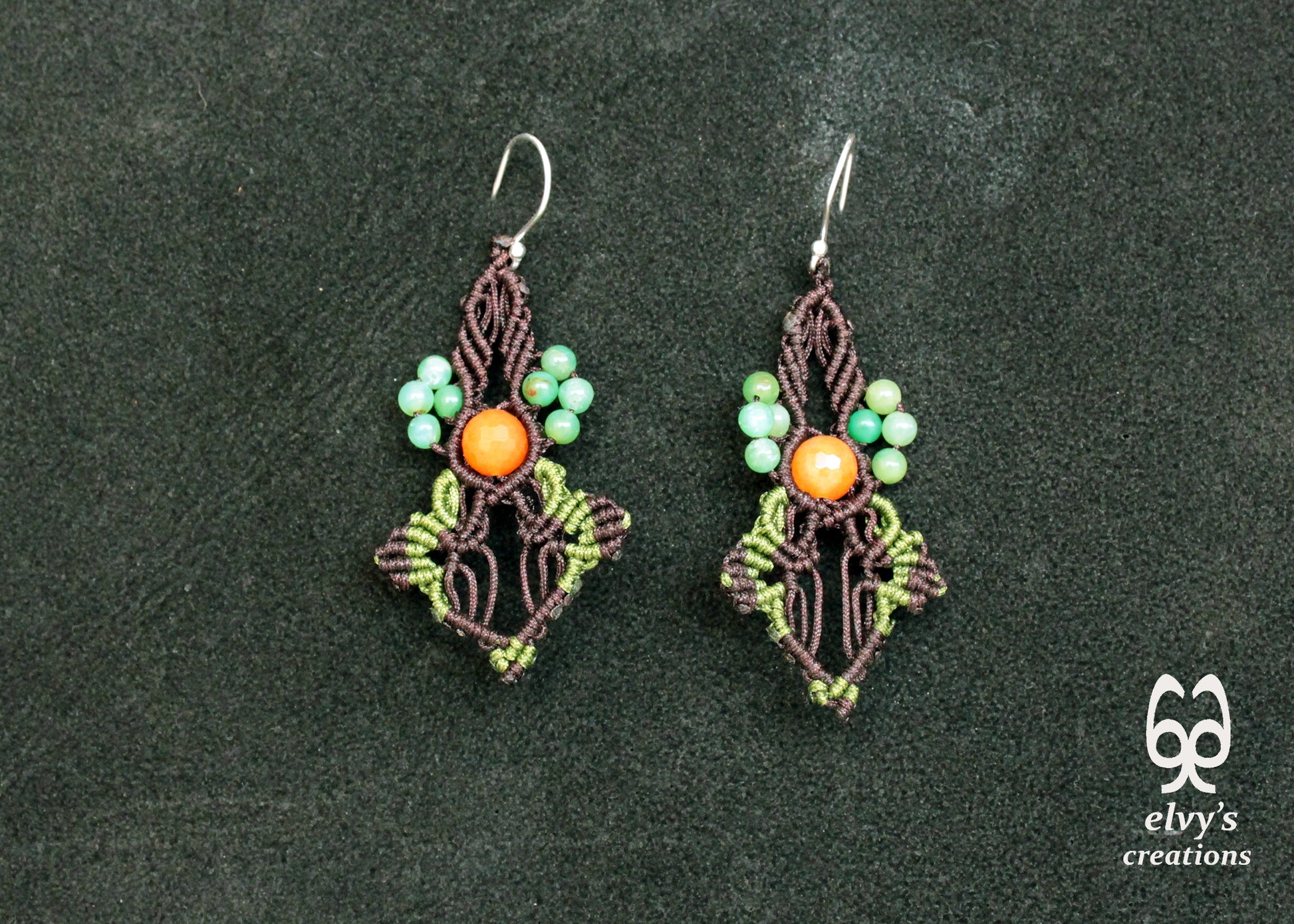 Brown Carnelian Macrame Beaded Earrings Green Gemstone Dangle Earrings Birthday Gift for Women