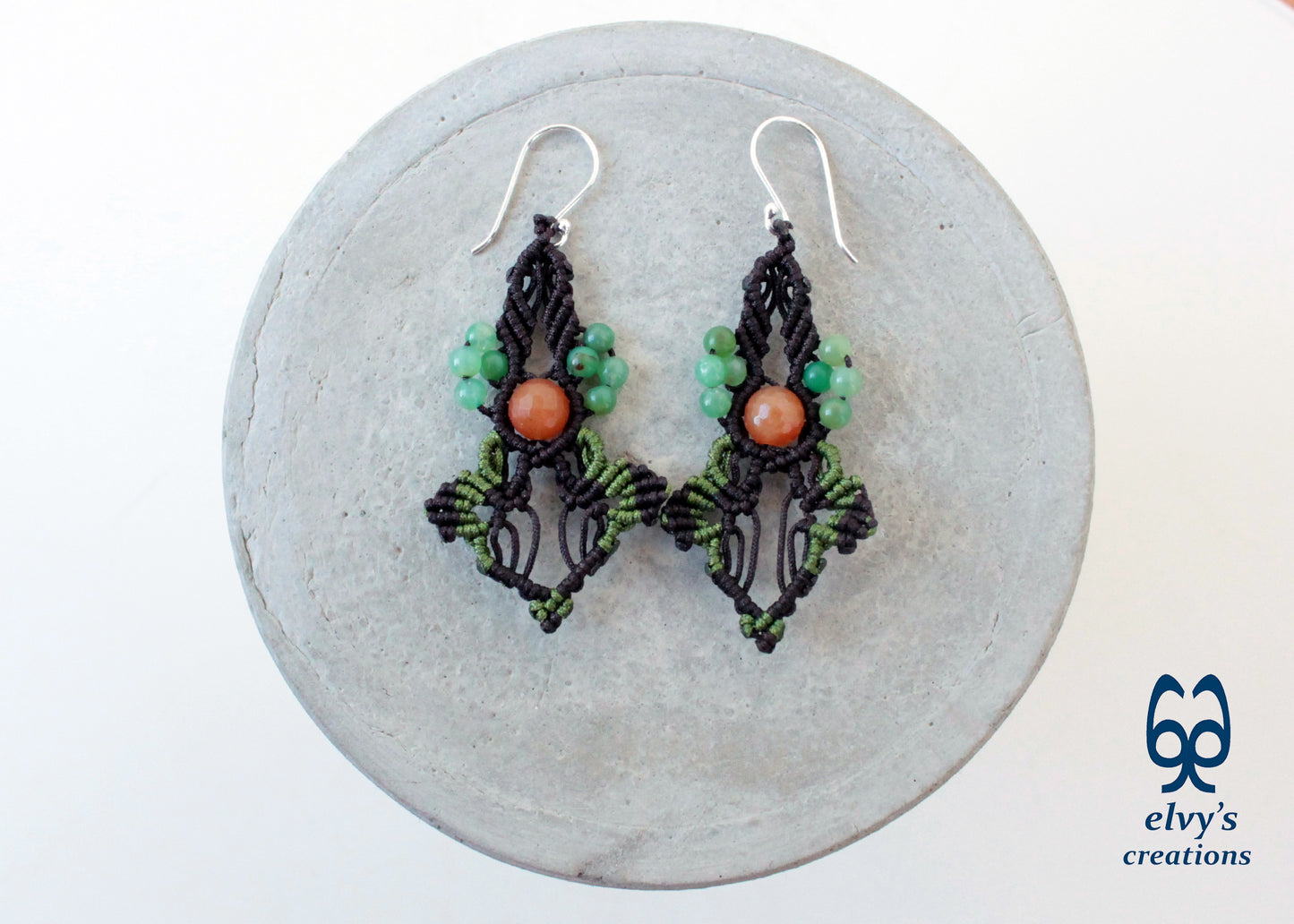 Brown Carnelian Macrame Beaded Earrings Green Gemstone Dangle Earrings Birthday Gift for Women