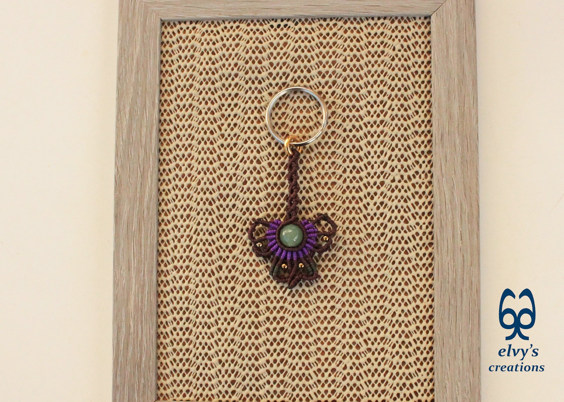 Brown Macrame Key Chain with Aventurine Crystal Green Housewarming Gift with Hematite Gemstones