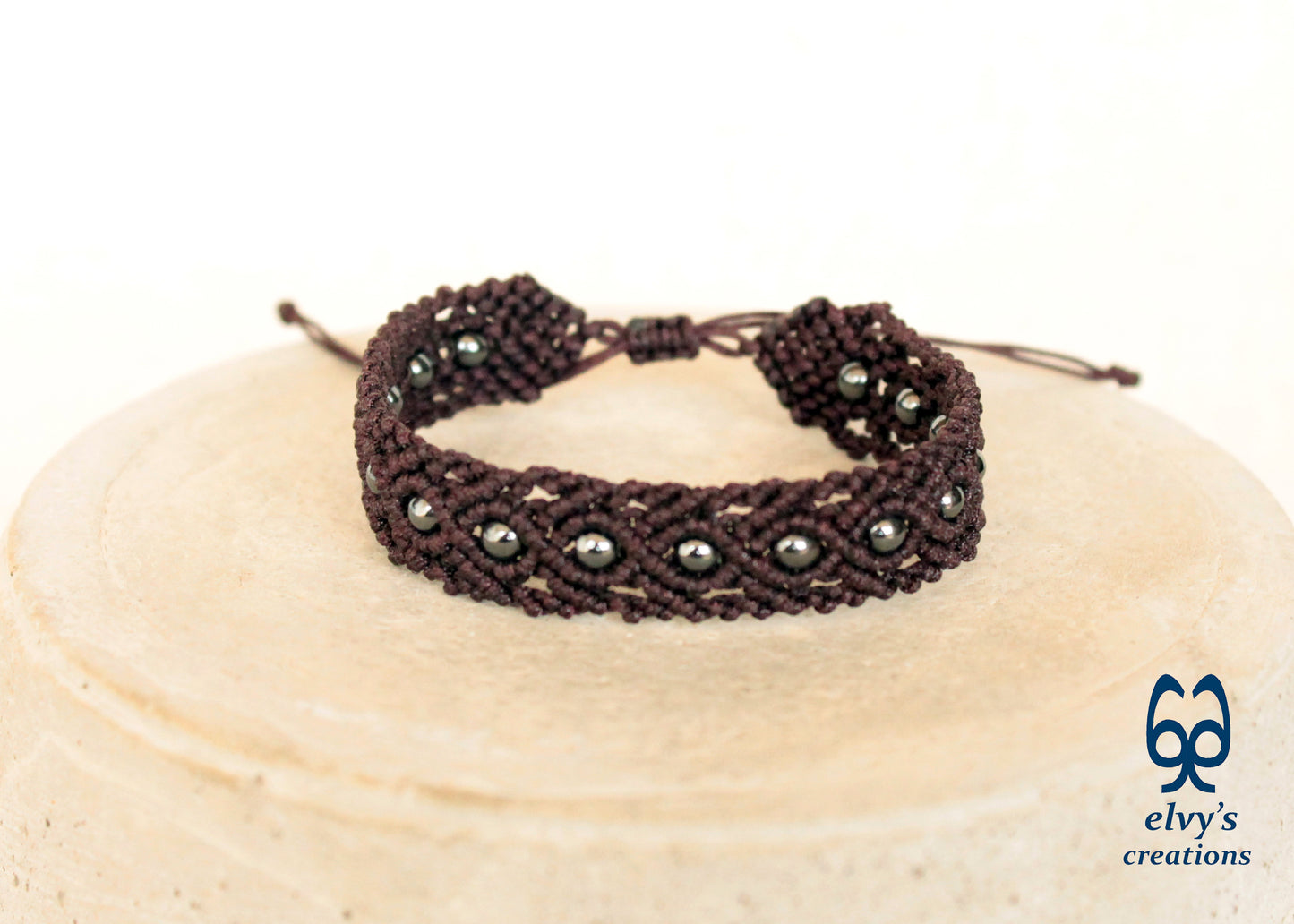 Brown Macrame Bracelet with Gray Hematite Gemstone Beaded Cuff, Unique Birthday Gift for Women