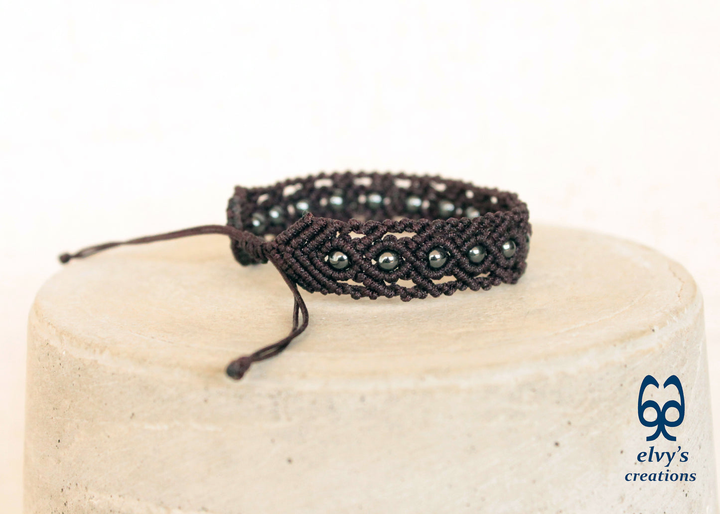 Brown Macrame Bracelet with Gray Hematite Gemstone Beaded Cuff, Unique Birthday Gift for Women