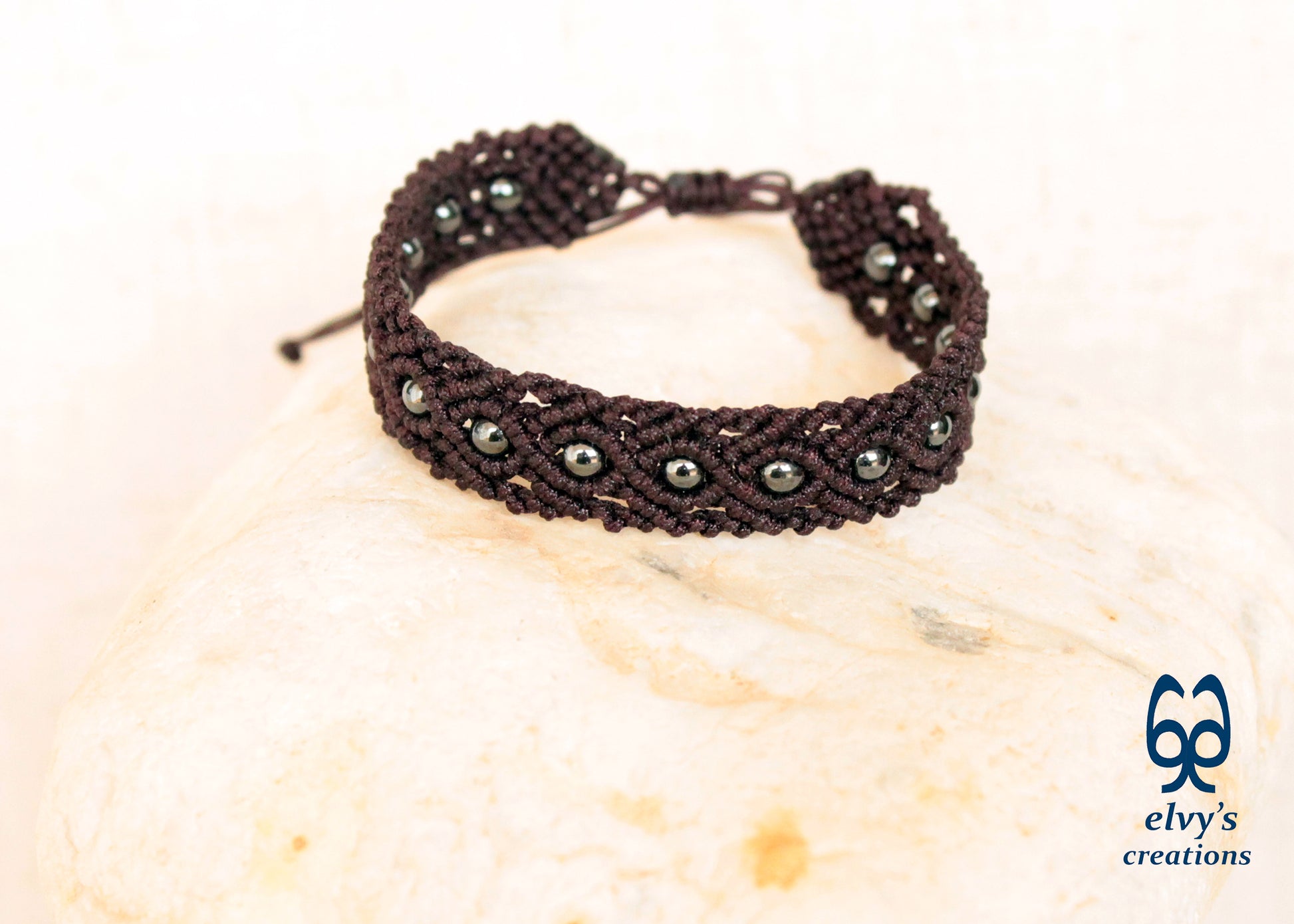 Brown Macrame Bracelet with Gray Hematite Gemstone Beaded Cuff, Unique Birthday Gift for Women