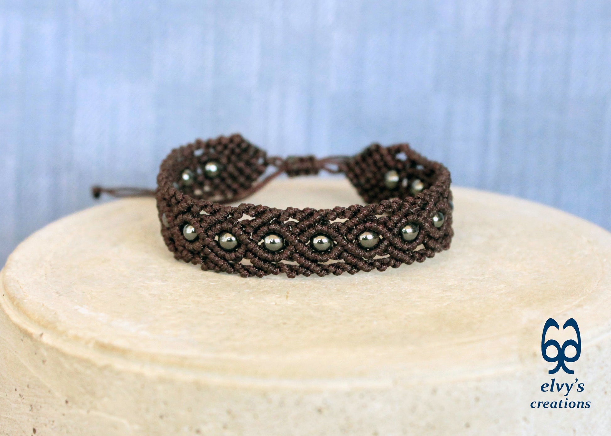 Brown Macrame Bracelet with Gray Hematite Gemstone Beaded Cuff, Unique Birthday Gift for Women