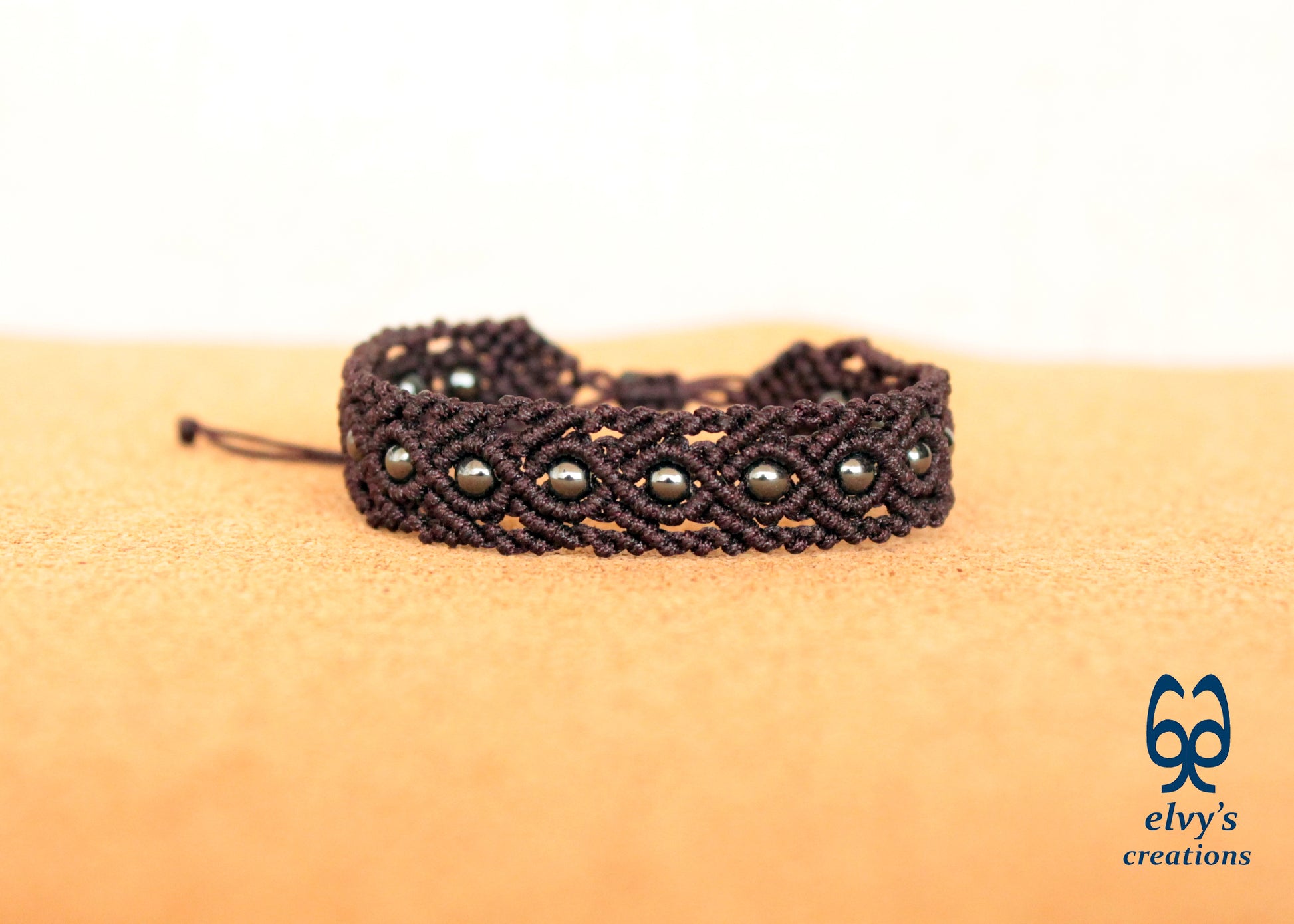 Brown Macrame Bracelet with Gray Hematite Gemstone Beaded Cuff, Unique Birthday Gift for Women