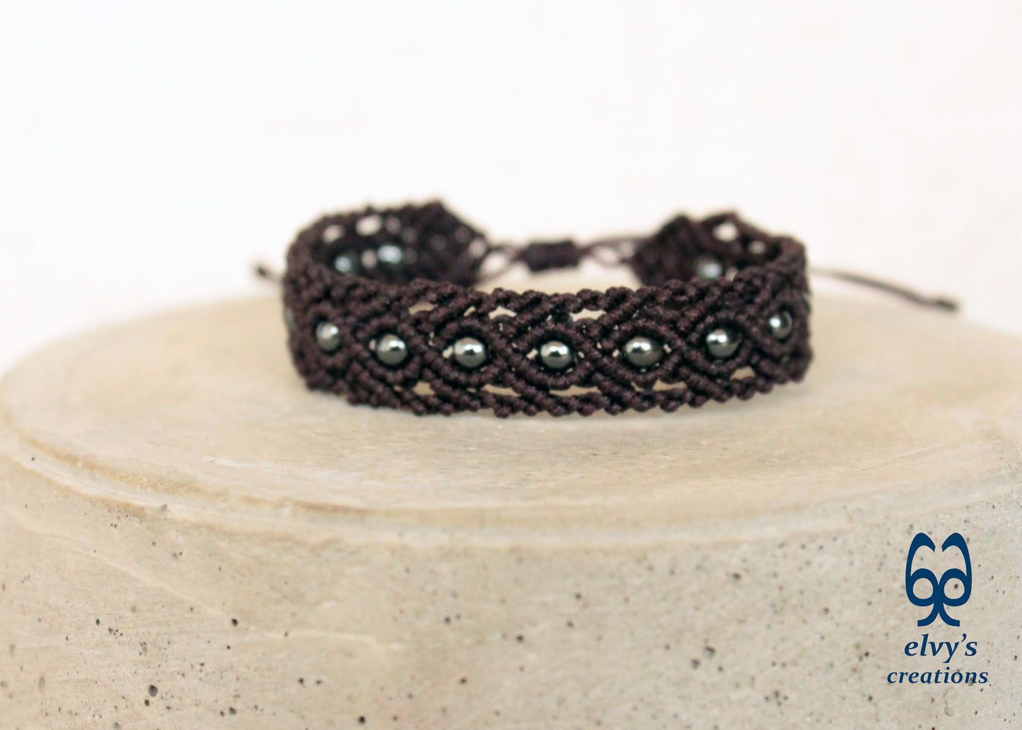 Brown Macrame Bracelet with Gray Hematite Gemstone Beaded Cuff, Unique Birthday Gift for Women