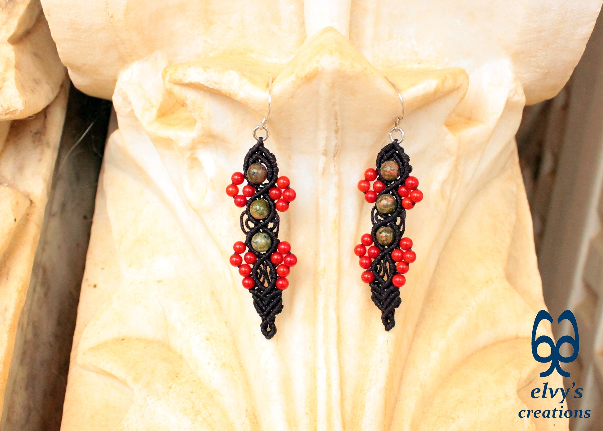 Handmade Macrame Silver Earrings, Beaded Gemstone Handmade Jewelry,Gift for Women